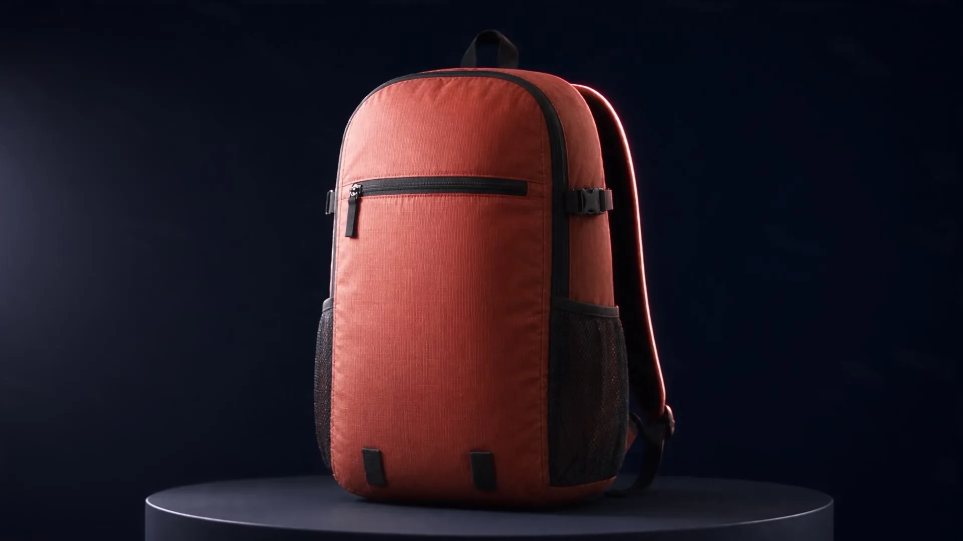 The rust backpack on a dark plinth under a hard key light, a frame from the studio film
